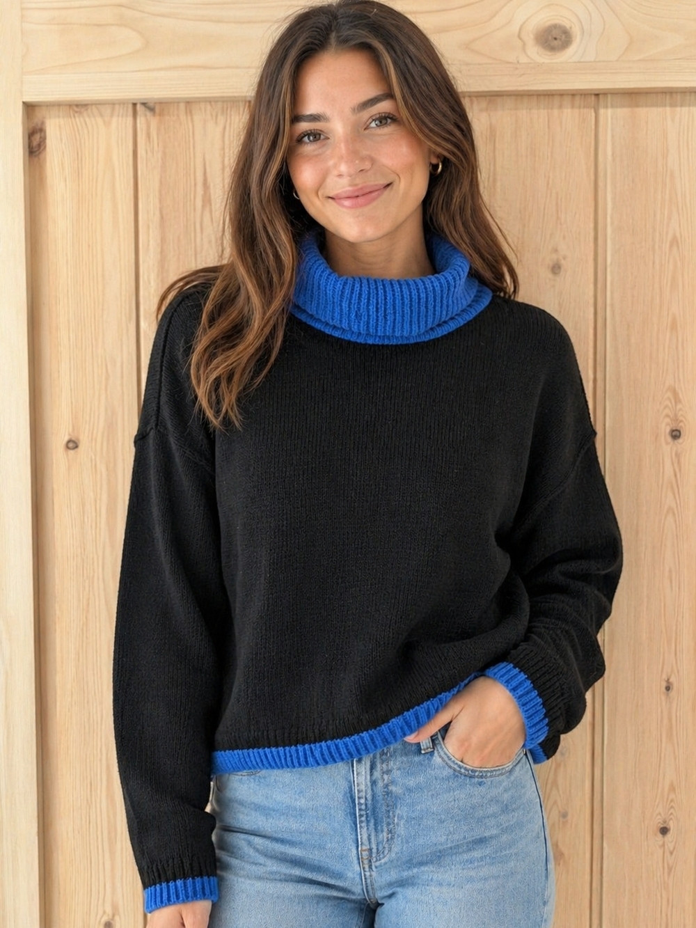 Vintage Bizzit Collection Ramie Blend Colorblock Turtleneck Sweater - Y2K Style